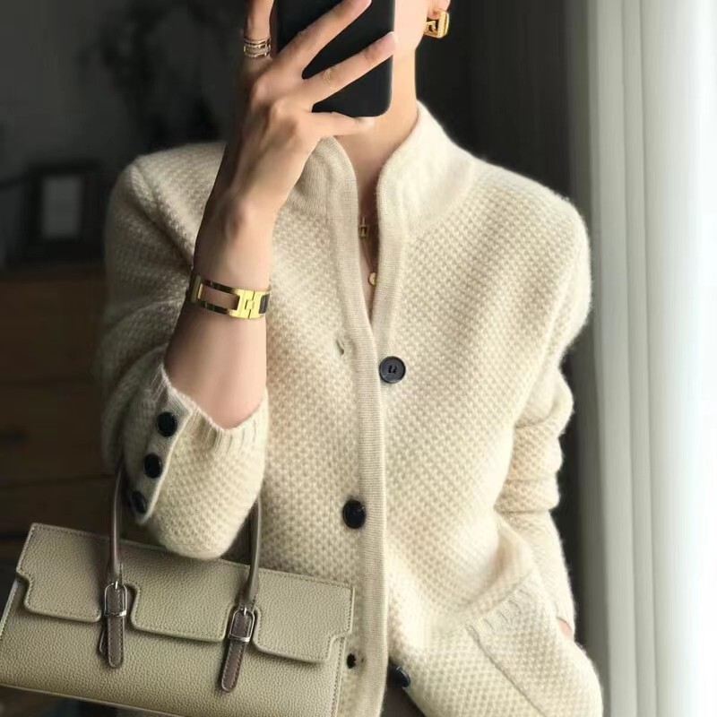 23 Early Spring New Cashmere Cardigan Women's Half-Turtleneck Coat Loose Thickened Sweater 100% Wool Knitted Top