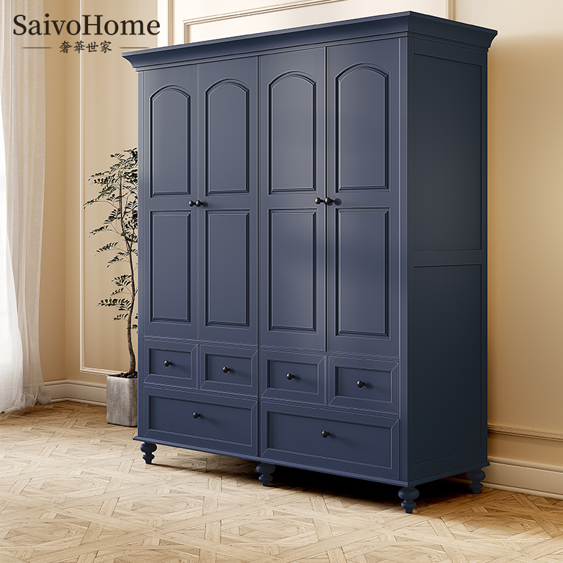 Luxurious Family American Countryside Solid Wood Four Doors Wardrobe Modern Minimalist Bedroom Lockers Blue Retro Closet