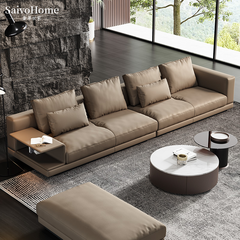 Italian style minimalist leather sofa living room high-end villa light luxury modern minimalist leather sofa for three or four people