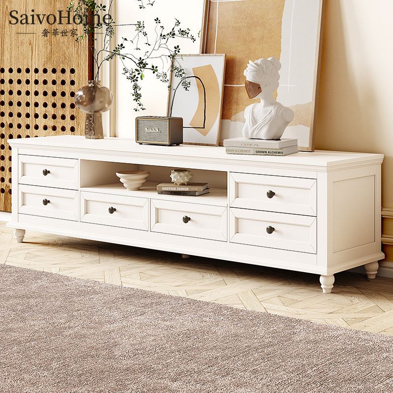 TV Cabinet Solid Wood Tea Table Combo American Retro White Oak Living Room Suit All Solid Wood Ground Cabinet Nordic Brief