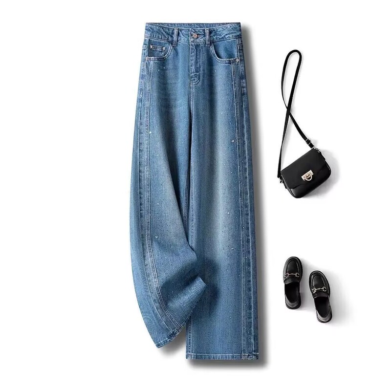 High-End Denim Wide-Leg Pants 2026 Spring/Summer New Style This Year's Popular Hot Item Rhinestone High-End Straight-Leg Women's Pants