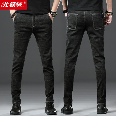 北极绒秋冬季牛仔裤修身小脚裤子男士长裤