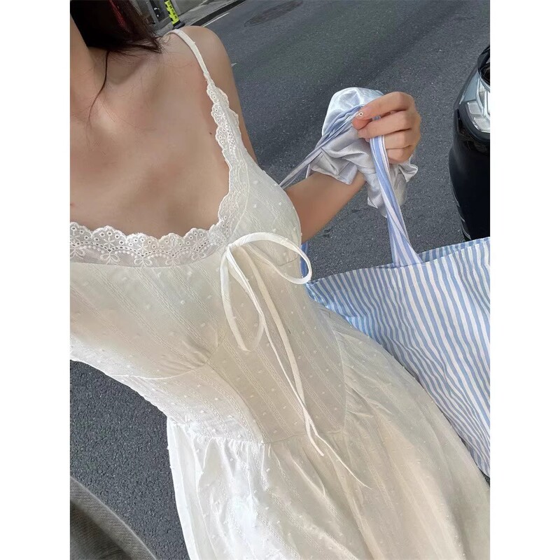 Elegant Seaside Vacation A-Line Long Dress with French Gentle Style, Lace Trim, V-Neck, White Spaghetti Strap Dress for Women, Waist-Cinching