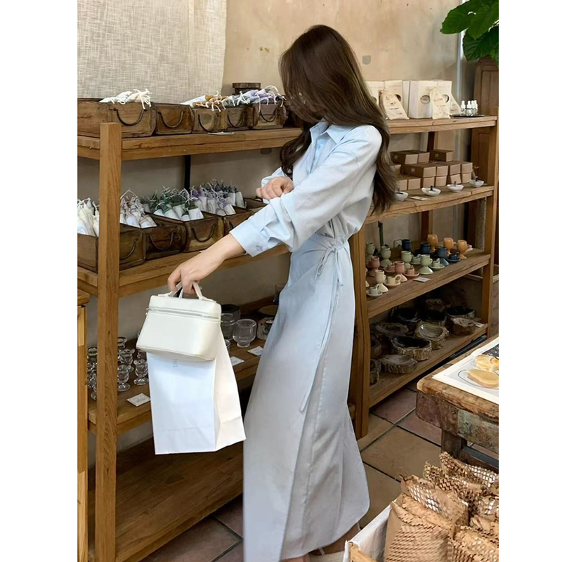 Elegant and Simple High-End Style Outfit: Blue Waist-Tie Shirt Dress for Women, 2025 New Autumn Collection