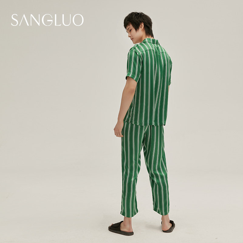 Heavy 19 mmi silk short sleeve pajamas Outfits men SANGLUO solid color embroidered mulberry silk outside wear home clothing