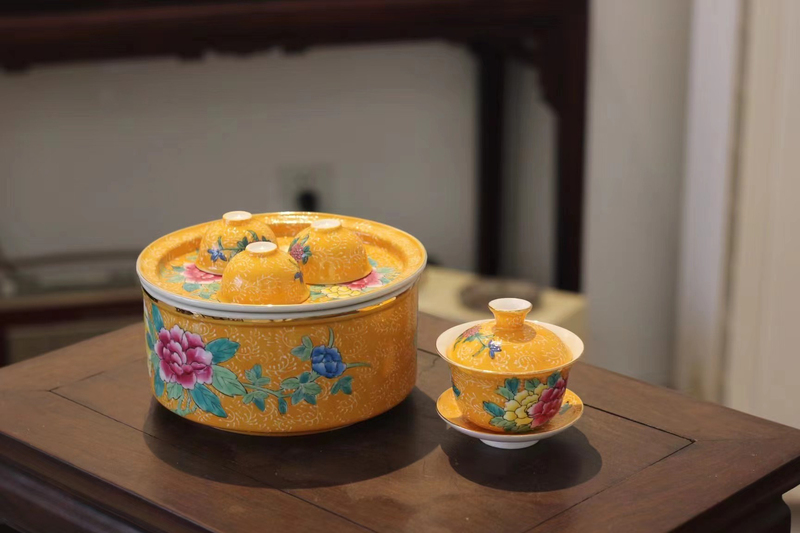 Yutang Fugui Pastel Gongfu Tea Set Complete Set, Chaozhou Ceramic Gaiwan Tea Cup Tea Tray, Hand-Painted Yellow Background Peony Yutang Fugui Pastel Gongfu Tea Set Complete Set, Chaozhou Ceramic Gaiwan Tea Cup Tea Tray, Hand-Painted Yellow Background Peony