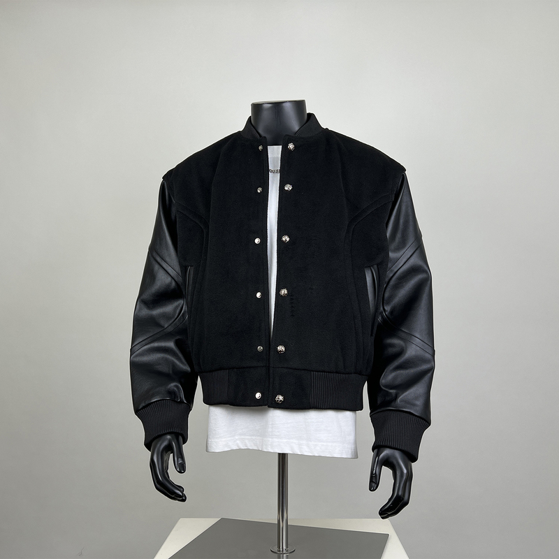 Fanvanka Heavy-Duty Pu Leather Patchwork Sleeve Jacket for Men and Women, Three-Dimensional Tailoring, Cleanfit Short Wide Coat, Trendy