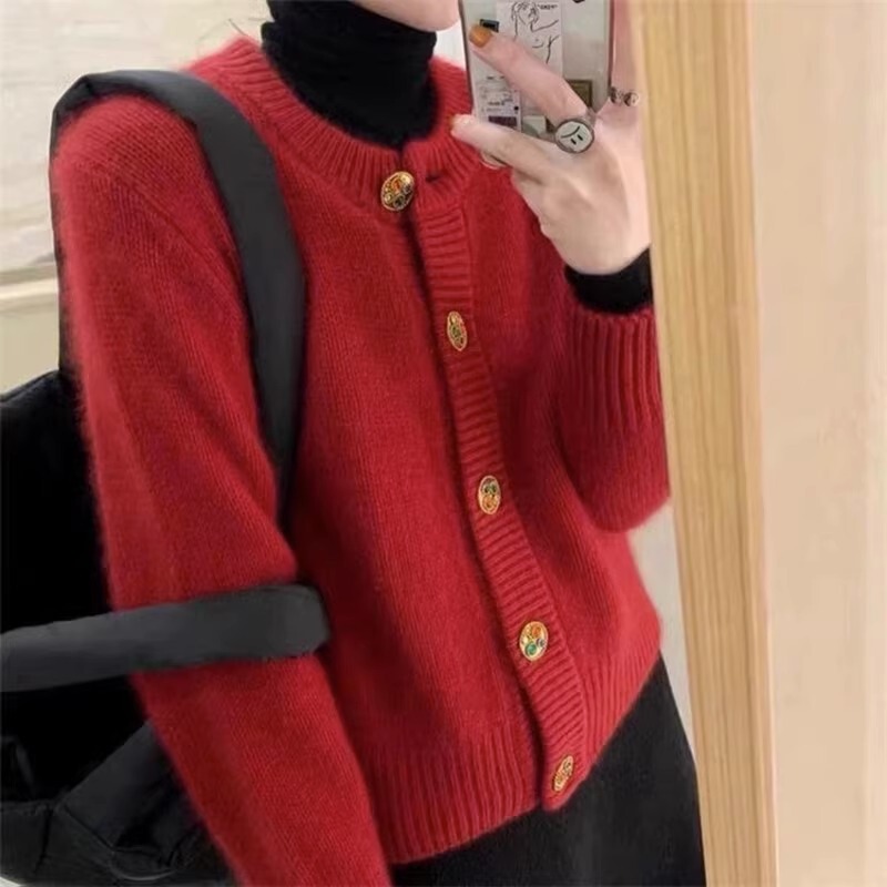 Brother's Department Store Same Style 2026 Cashmere Cardigan 100% Pure Cashmere Autumn and Winter Knitted New Year Red Sweater Coat for Women