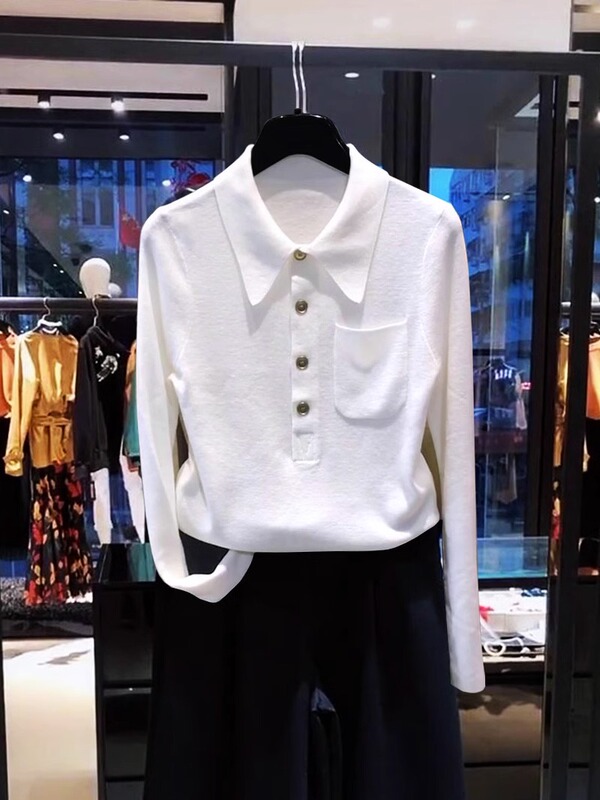 The Same Style as the One from Gejia Mall, 2026 Spring Elegant Polo Collar Pocket Design Wool Knit Sweater Base Layer for Women