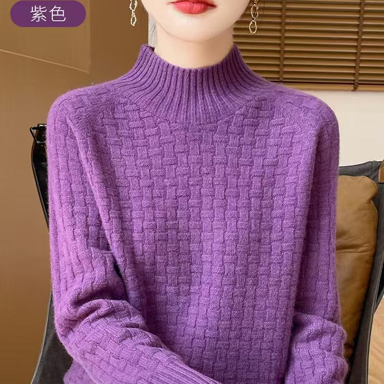 100% Pure Wool, Single-Thread Seven-Needle Thick Knit Half-High Round Neck Wool Sweater Wq703