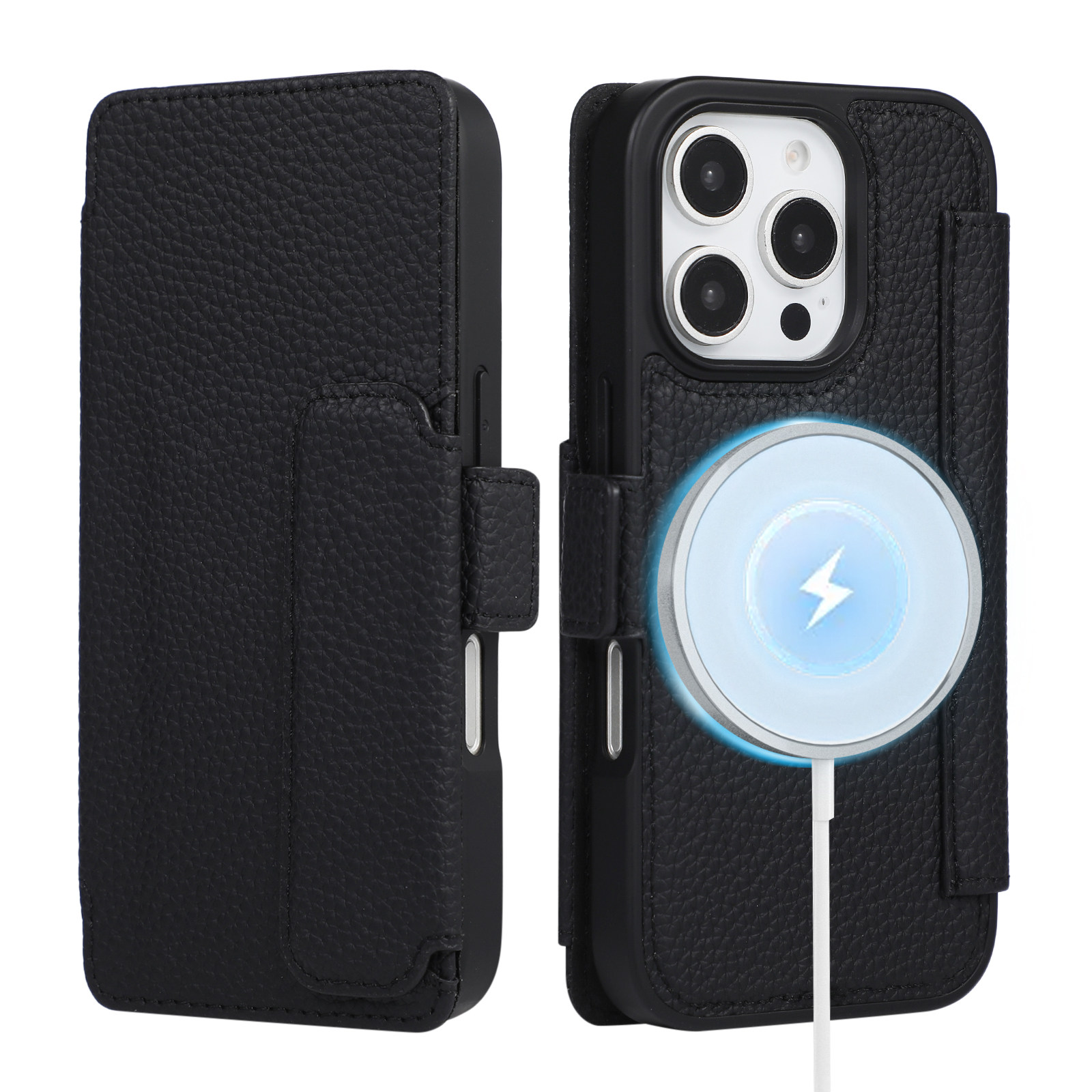 Black — Lychee Leather Magnetic Charging Flip Card Holder Stand Phone Case