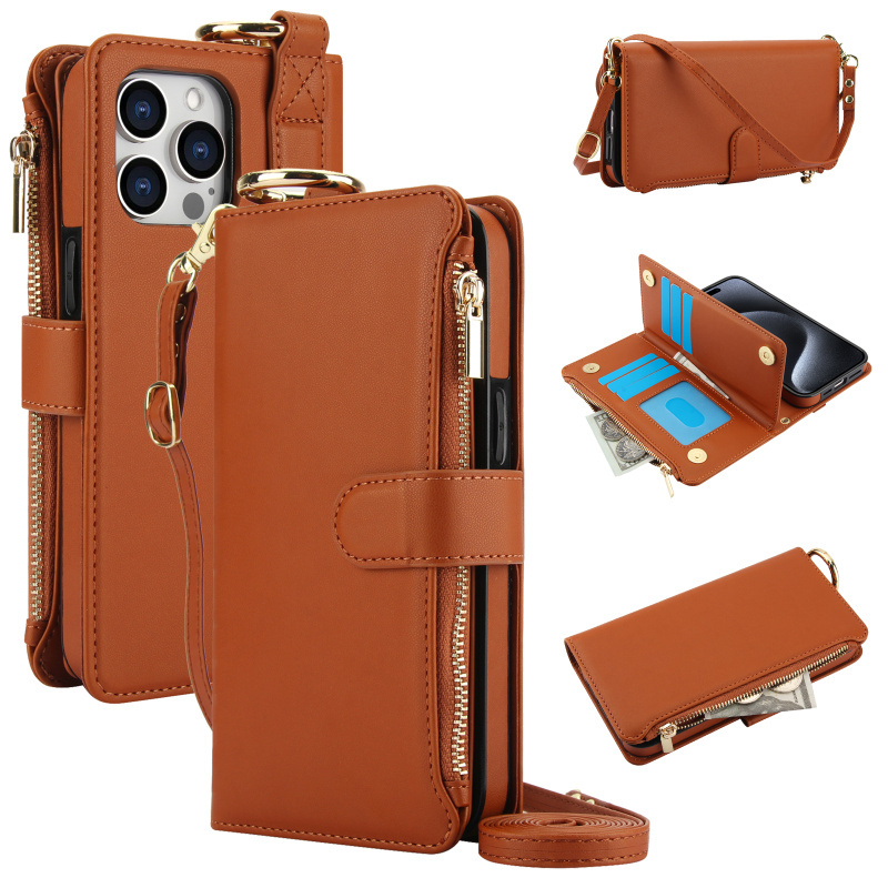 Suitable for Apple iPhone 17E 16E 15 14 Multi-Functional Ring Wallet 13 Phone Leather Case 12 Protective Case Crossbody 11 Zipper Pro Card Slot XS Max Xr 7 8Plus Flip Cover