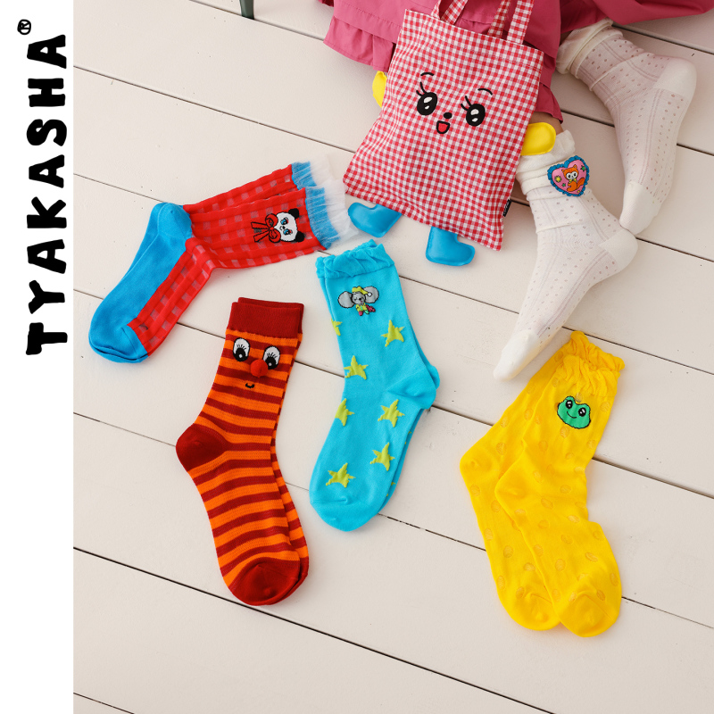 Tyakasha Socks with Fun Patterns, Dopamine Colors, Mid-Calf Socks, Five Pairs (Comes with a Tote Bag) Tyakasha Socks with Fun Patterns, Dopamine Colors, Mid-Calf Socks, Five Pairs (Comes with a Tote Bag)