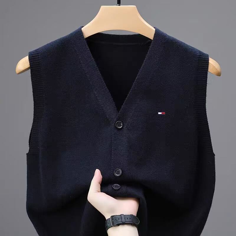 Authentic Tommy Solid Color Sweater 100% Pure Wool Vest Men's V-Neck Cardigan Heart-Shaped Waistcoat Warm Vest