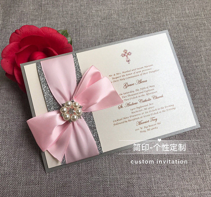 Pink Custom Wedding Invitation Ribbon Pearl Buckle Decoration Wedding Cards