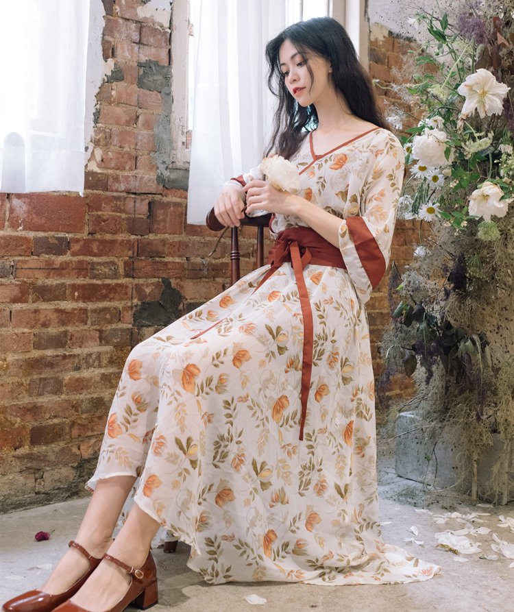 VK旗艦店 韓系復古寬鬆收腰顯瘦碎花套裝長袖裙裝