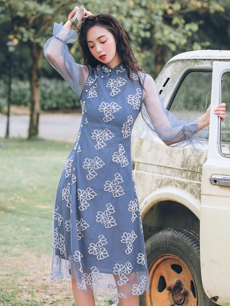 VK旗艦店 韓國風名媛蕾絲泡泡袖網紗透視開叉長袖洋裝