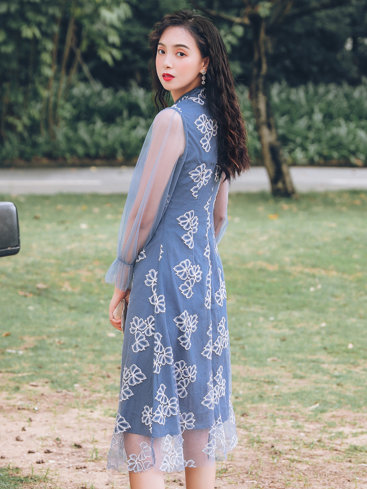 VK旗艦店 韓國風名媛蕾絲泡泡袖網紗透視開叉長袖洋裝