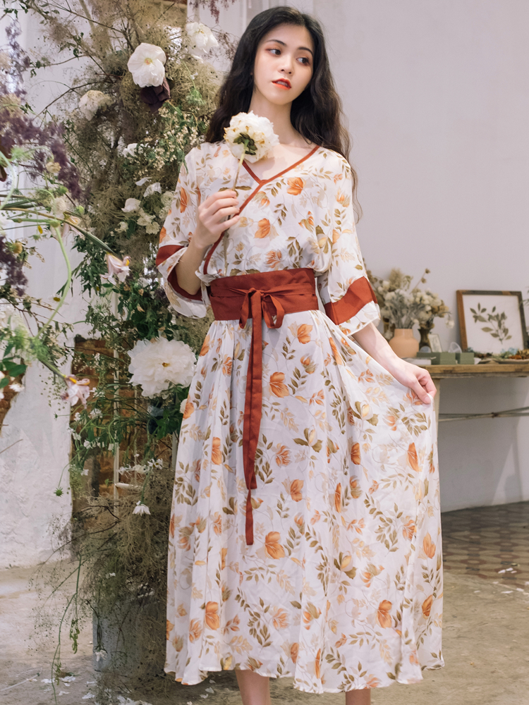 VK旗艦店 韓系復古寬鬆收腰顯瘦碎花套裝長袖裙裝