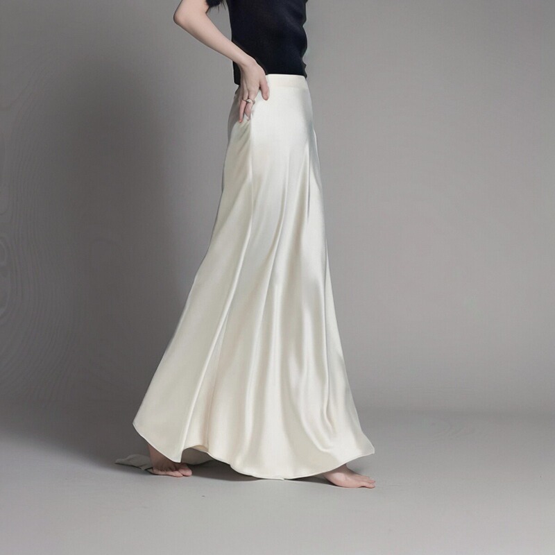 Heavyweight Imported Triacetate Satin Cool-Touch Shimmering Drape High-Waisted Bias-Cut Extended Floor-Length Slimming Skirt