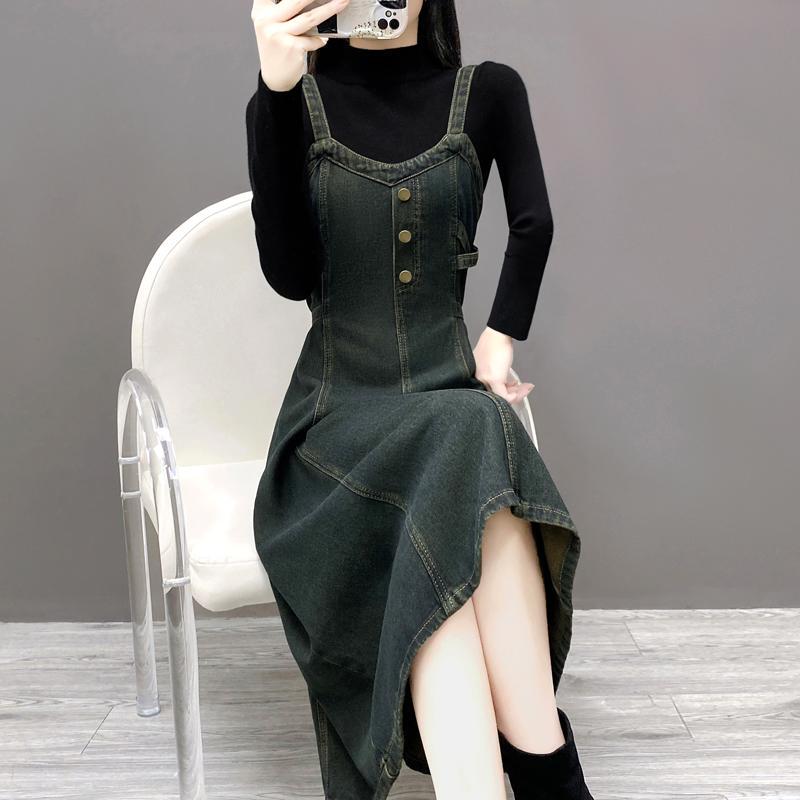 Spring Plus-Size Mid-Length Skirt New Versatile Loose Waist-Cinching Suspender Long Skirt Denim Camisole A-Line Dress Trendy