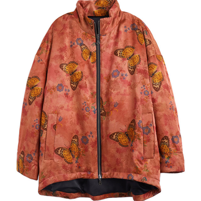 Mulberry silk ກິ່ນຫອມ cloud gauze cotton jacket retro print loose light and soft large size version zipper stand collar short jacket