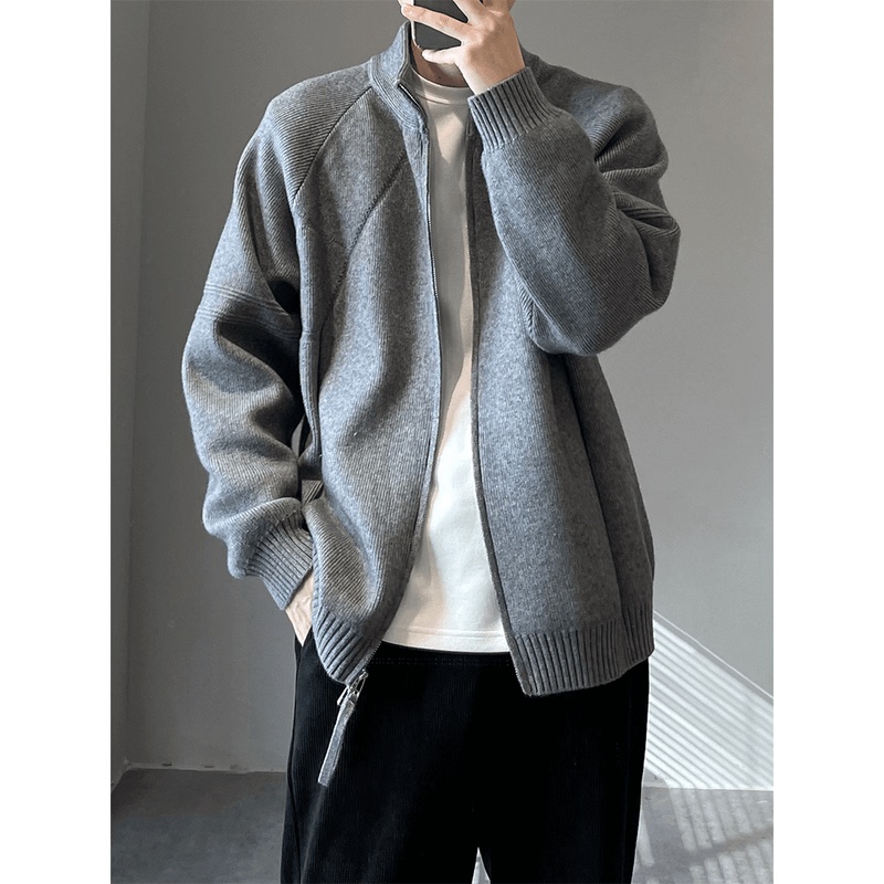 Mature Men's Stand-Up Collar Korean Style Double Zipper Knitted Sweater Jacket for Autumn and Winter, Casual Loose Simple Stand-Up Collar Cardigan