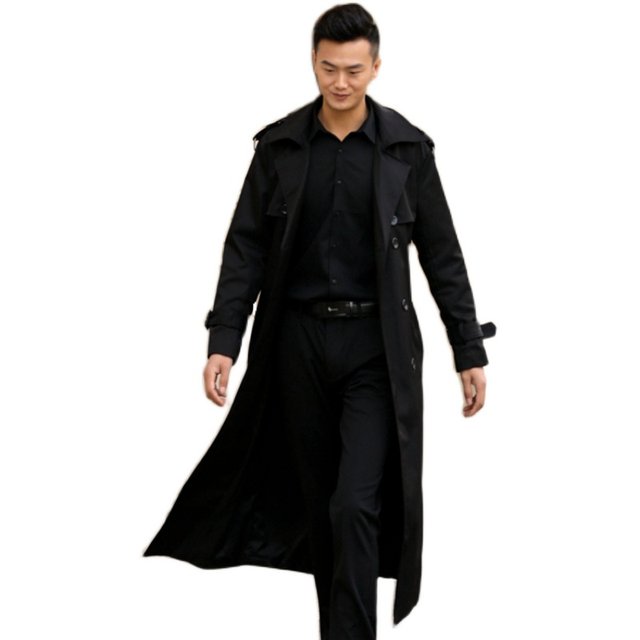 Spring and Autumn Black Trench Coat Men's Korean Style Trendy British Style Extra Long Over Knee Plus Large Thickened Trench Jacket