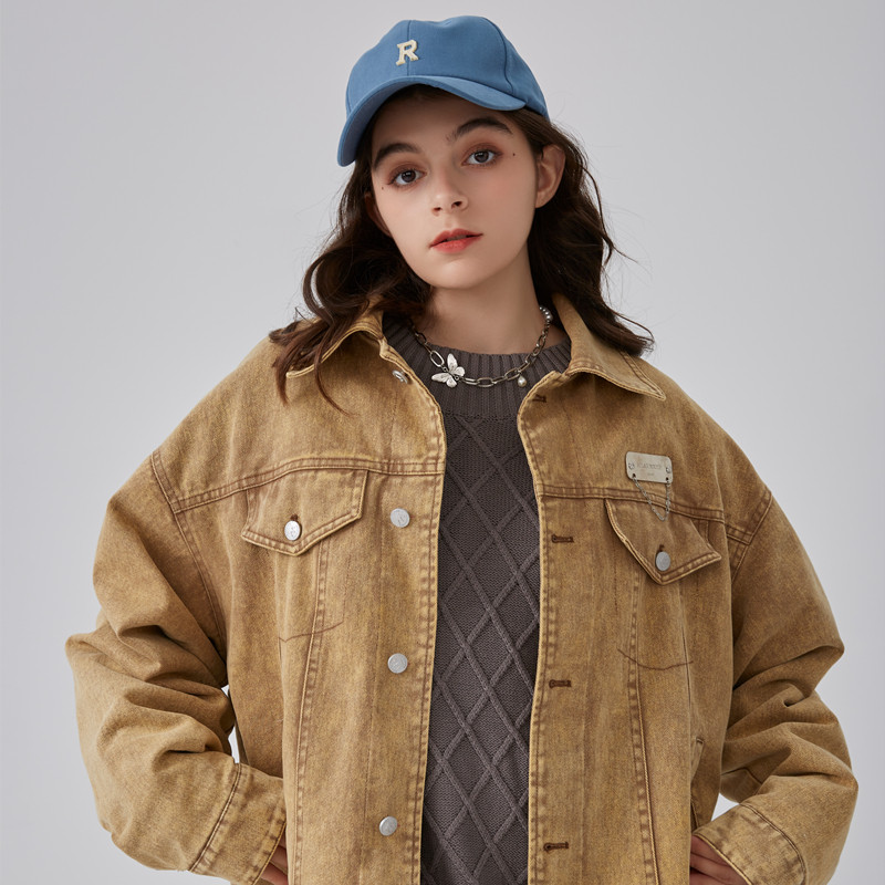 Small Two Chauded Social SPEAR YOUTH Coffee Washed Embroidery Denim Jacket Male And Female Loose Lovers Jacket Jacket