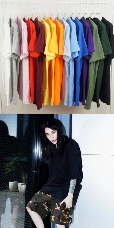 [Hai mảnh] Cao cấp thoải mái 5,3oz100% cotton trơn Áo thun tay ngắn màu đơn sắc