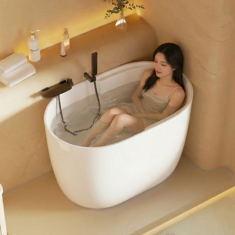 Acrylic Bathtub for Home Use, Small Apartment Deep Soaking Mini Bathtub, Oval Tub, Japanese-Style Bathtub, Freestanding, No Installation Required