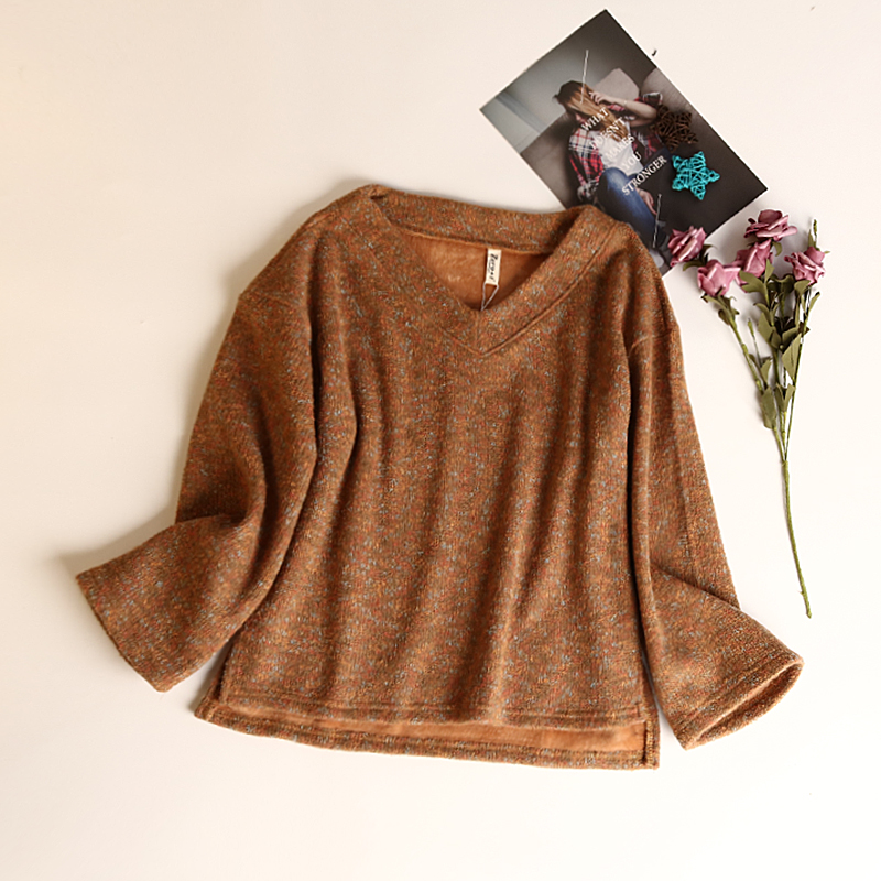 Mùa thu mới của phụ nữ lỏng rắn màu V-Cổ cộng với nhung ấm hoang dã knit top MY0104211 áo len tăm dài tay