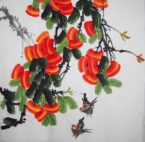 Special pure hand-painted four-foot bucket side Persimmon traditional Chinese painting flowers and birds everything like living room decorative painting Chinese calligraphy and painting 13