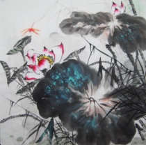 Special price pure hand painted with four feet of square water ink country painting flowers and birds lotus living room decoration character painting Feng Shui Chinese painting heart 26