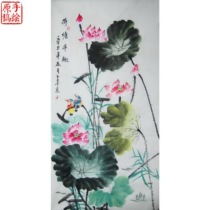 Promotional pure hand-painted Chinese painting lotus vertical flower and bird painting Zhongtang porch calligraphy original painting Heart living room decoration hanging painting