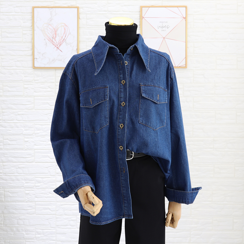 Early Spring Dark Blue Denim Shirt for Women, Layered Design, Stylish Inner Wear, Pointed Collar Denim Shirt Jacket for Women, Loose Fit