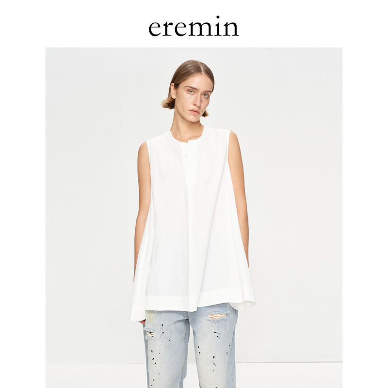 Eremin Lin Moqing/A-Line Sleeveless Shirt/Tencel Cotton Half-Open Collar Umbrella-Shaped Minimalist Sleeveless Top