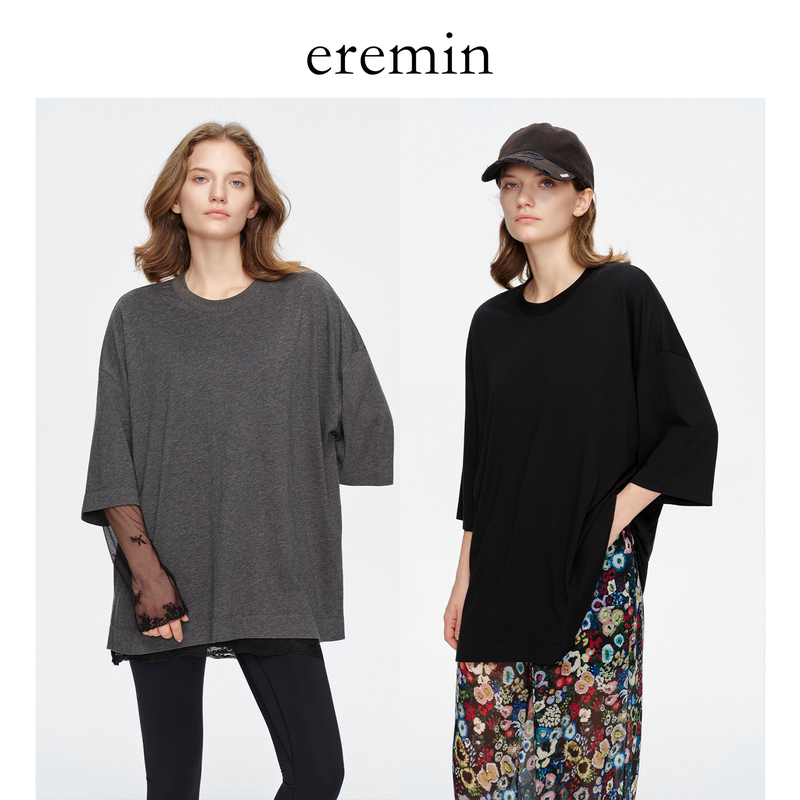 Eremin Lin Moqing/Loose Fit T-Shirt/Silk + Sheep Wool + Cotton Soft and Comfortable Round Neck Solid Color Mid-Sleeve T-Shirt