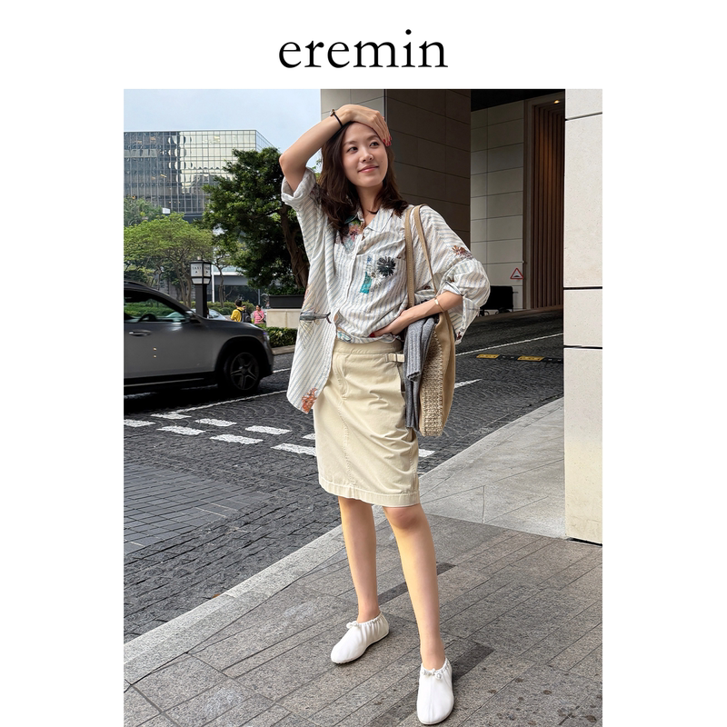Eremin Lin Moqing/Ocean Shirt/26 Autumn New All-Cotton Hand-Painted Print Niche Relaxed Turn-Down Collar Long-Sleeve Shirt
