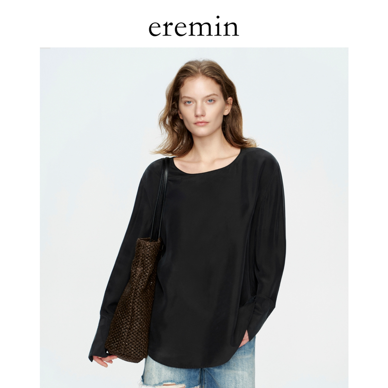 Eremin Lin Moqing/Silk Blouse/100% Mulberry Silk Heavyweight Texture Round Neck Long-Sleeved T-Shirt