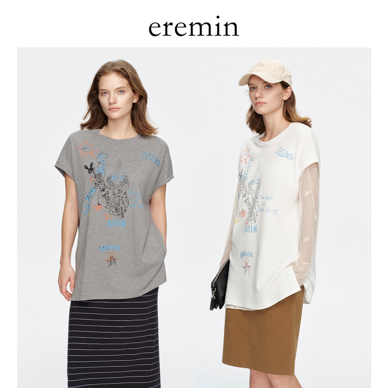 Eremin Lin Moqing/Colorful Print T/Cotton American Retro Print Long Casual Round Neck Short Sleeve T-Shirt Eremin Lin Moqing/Colorful Print T/Cotton American Retro Print Long Casual Round Neck Short Sleeve T-Shirt