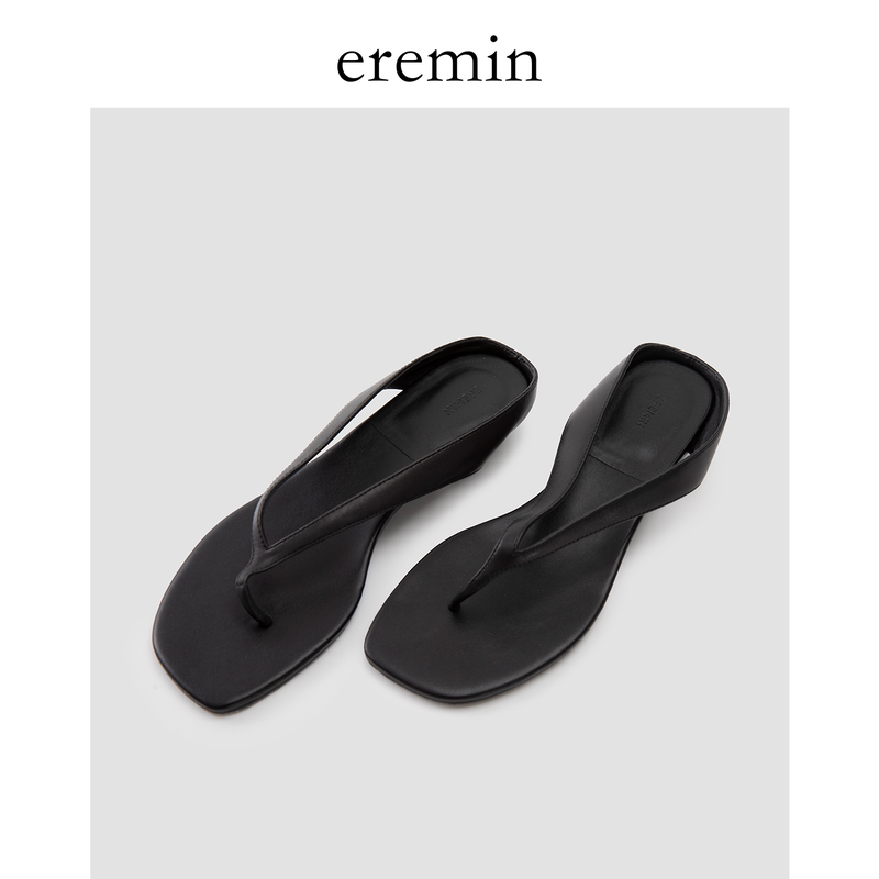 Eremin Lin Moqing/Imported Mixed Sheepskin Niche Square-Toe Wedge Flip-Flops Versatile Genuine Leather Slippers for Outdoor Wear