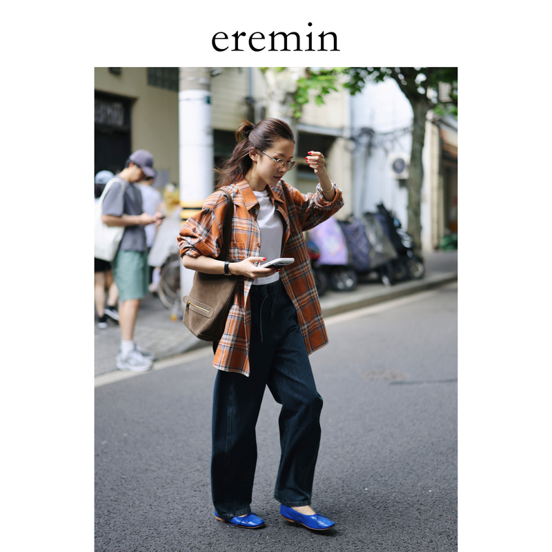 Eremin Lin Moqing/Orange-Brown Shirt/26 Autumn New Bamboo Cotton Plaid Loose Drop-Shoulder Long-Sleeve Casual Shirt