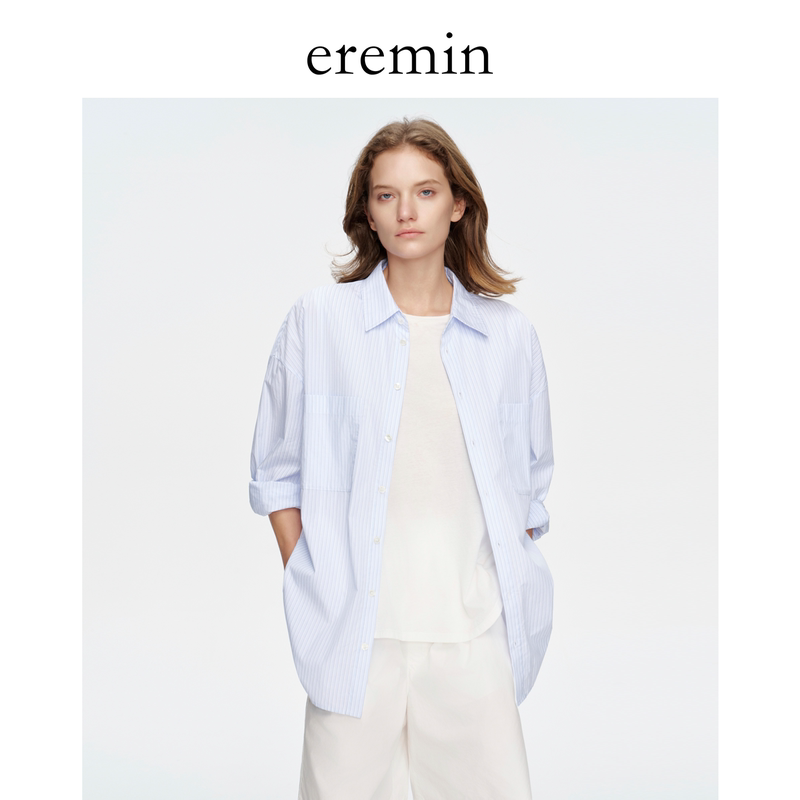 Eremin Lin Moqing/Blue Striped Shirt/Colored Woven Cotton Refreshing Vertical Stripe Loose Lapel Long-Sleeve Shirt