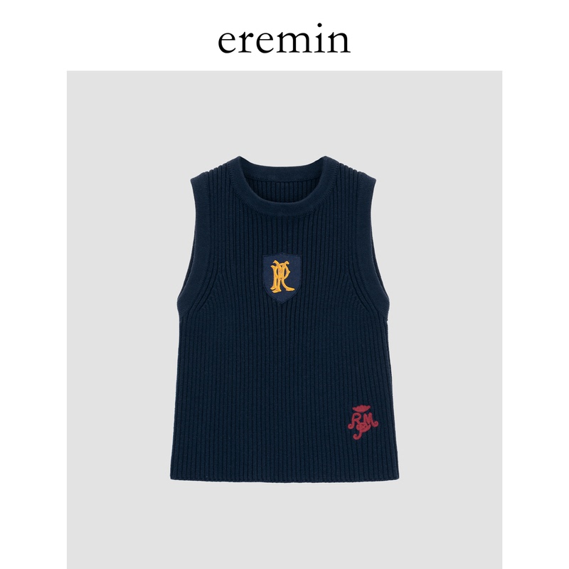 Eremin Lin Moqing/Emblem Vest/Autumn Wool Vertical Ribbed Embroidery Autumn Layered Sleeveless Knitted Vest