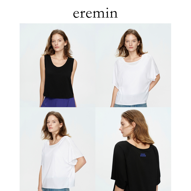 Eremin Lin Moqing/Boat Neck Raglan Sleeve Simple Versatile Solid Color Short Sleeve T-Shirt Top Sleeveless Vest Two-Piece Set Eremin Lin Moqing/Boat Neck Raglan Sleeve Simple Versatile Solid Color Short Sleeve T-Shirt Top Sleeveless Vest Two-Piece Set