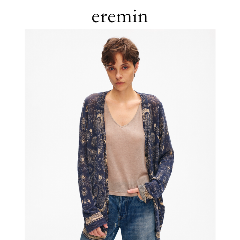 Eremin Lin Moqing/Cashew Flower Cardigan/All-Cotton Retro Color-Blocking Pattern Design V-Neck Loose Knit Cardigan