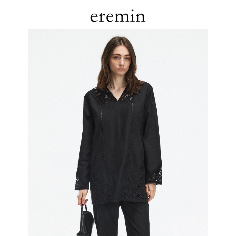 Eremin Lin Moqing/Hollow Embroidery Shirt/Lace Floral Embroidery Cotton Oversized Shirt