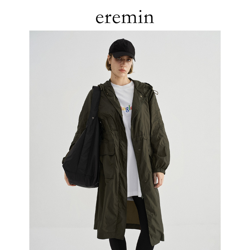 Eremin Lin Moqing/Waist-Cinching Green Trench Coat/Lightweight Airy Mid-Length Coat