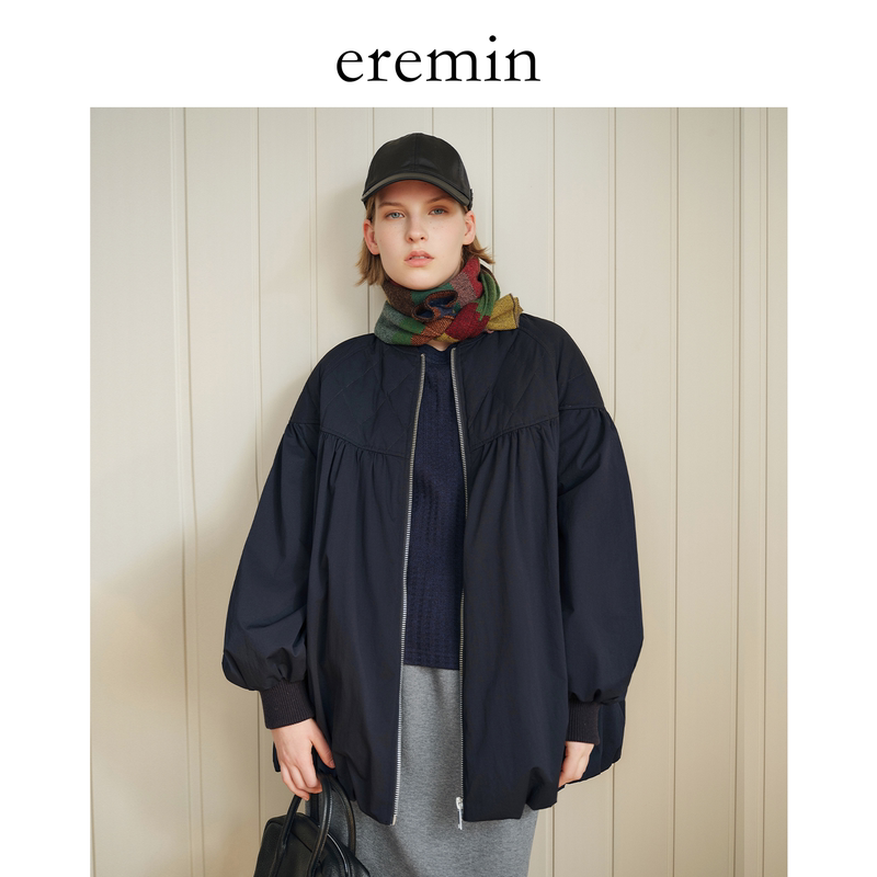 Eremin Lin Moqing/Flower Bud down Jacket/Vintage Quilted Baseball Collar White Goose down Jacket